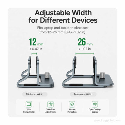 Adjustable aluminum vertical laptop stand showing 12–26 mm (0.47–1.02 in) slot width range