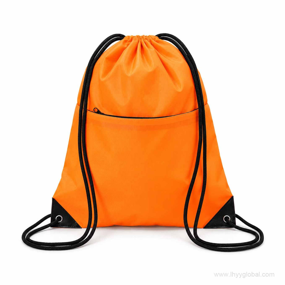 Custom orange drawstring bag with front zipper pocket, black cords and reinforced corner eyelets