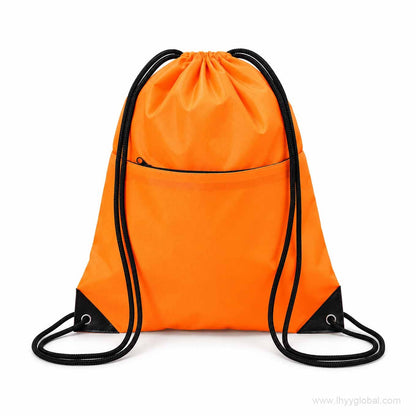 Custom orange drawstring bag with front zipper pocket, black cords and reinforced corner eyelets