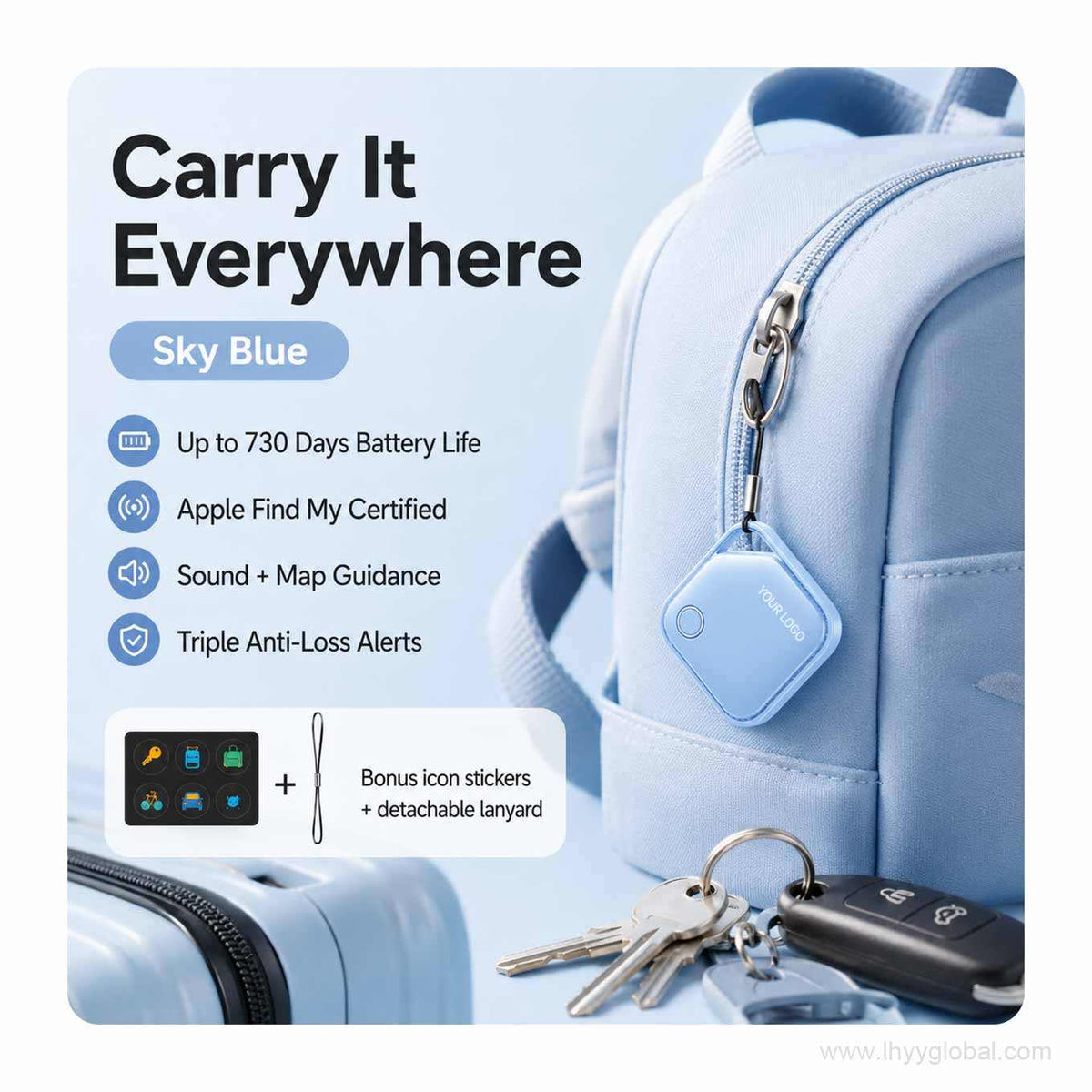 Blue custom logo smart tracker attached to a backpack for travel and everyday item tracking