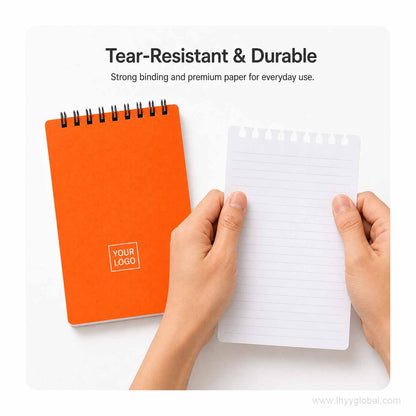 Orange custom logo pocket spiral notebook showing durable top binding and lined paper for everyday notes.
