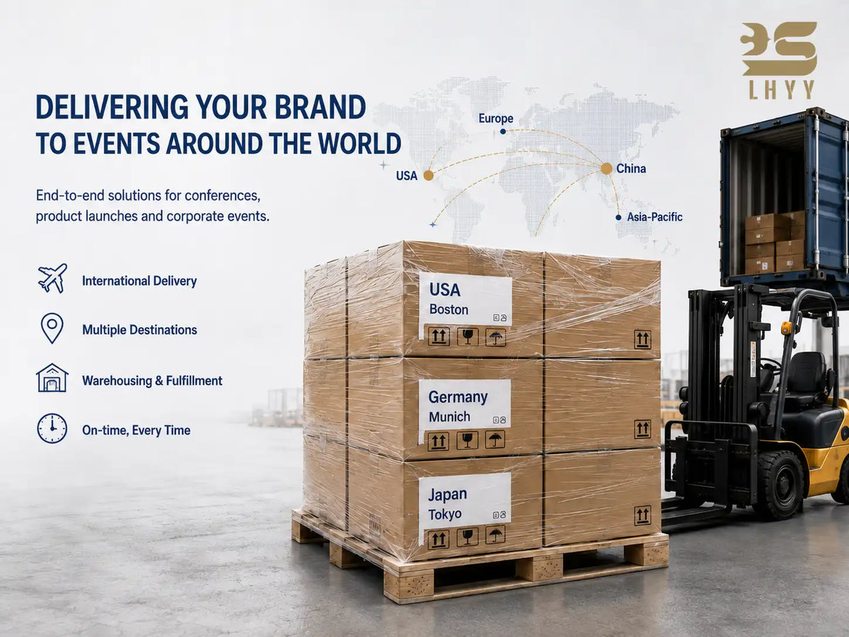 LHYY global fulfillment and international delivery for branded conference merchandise with warehouse packing and multi-destination event shipping.