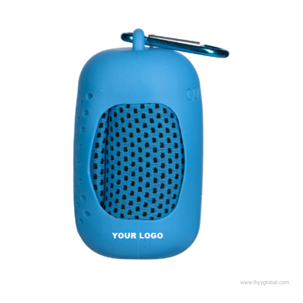 Light blue portable cooling towel storage case with carrying clip