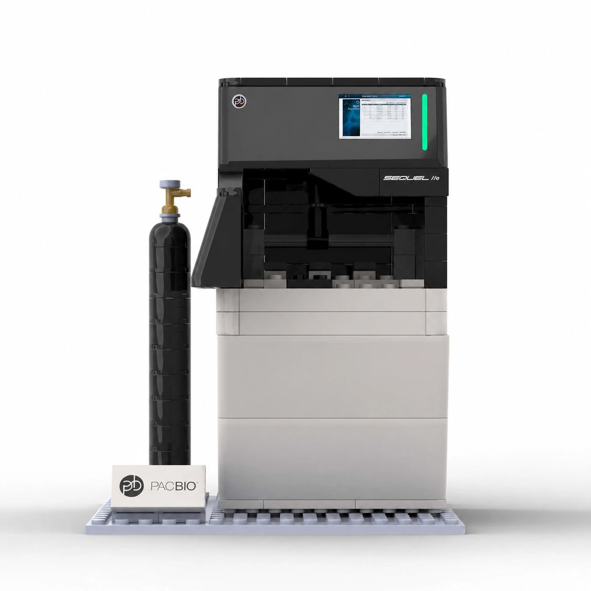 Front view of the PacBio Sequel IIe building block model with cylinder accessory and PacBio nameplate