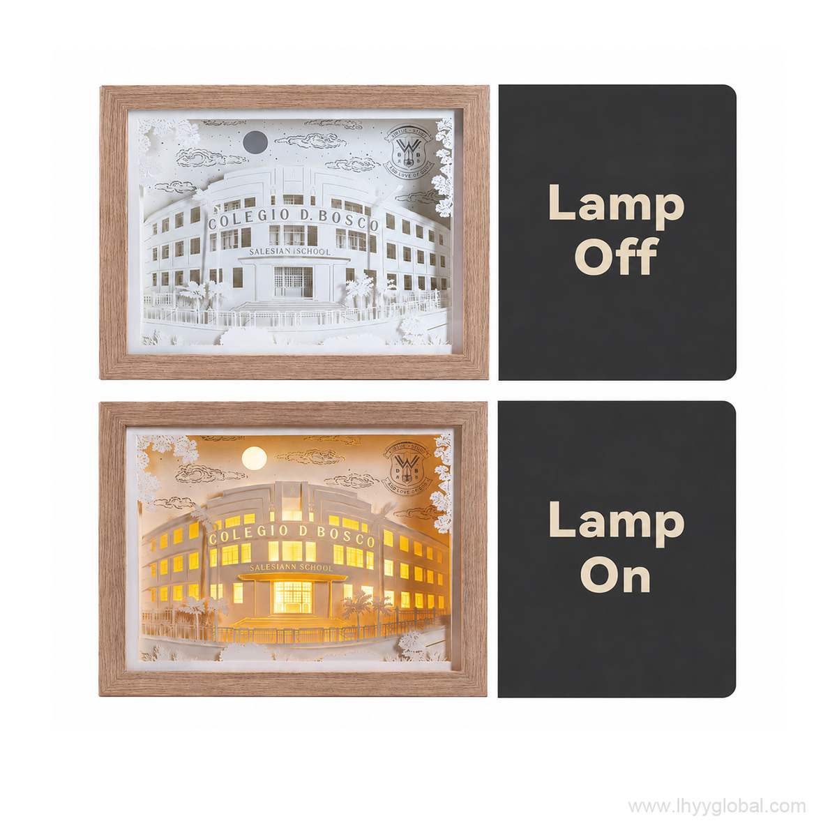 Paper carving lamp size and packaging options for wood and plastic frame versions