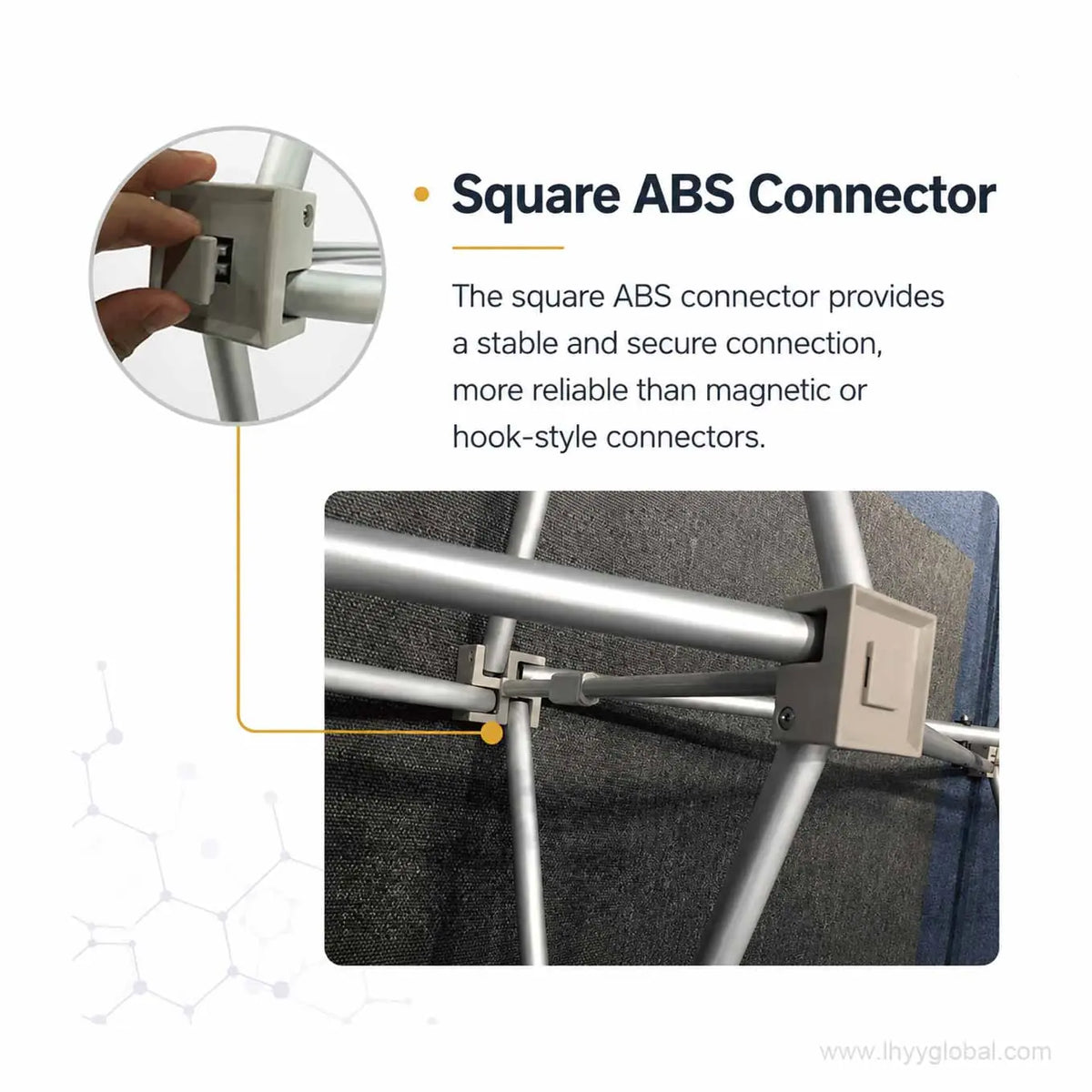 Square ABS connector securing the aluminum frame of a straight pop-up trade show display