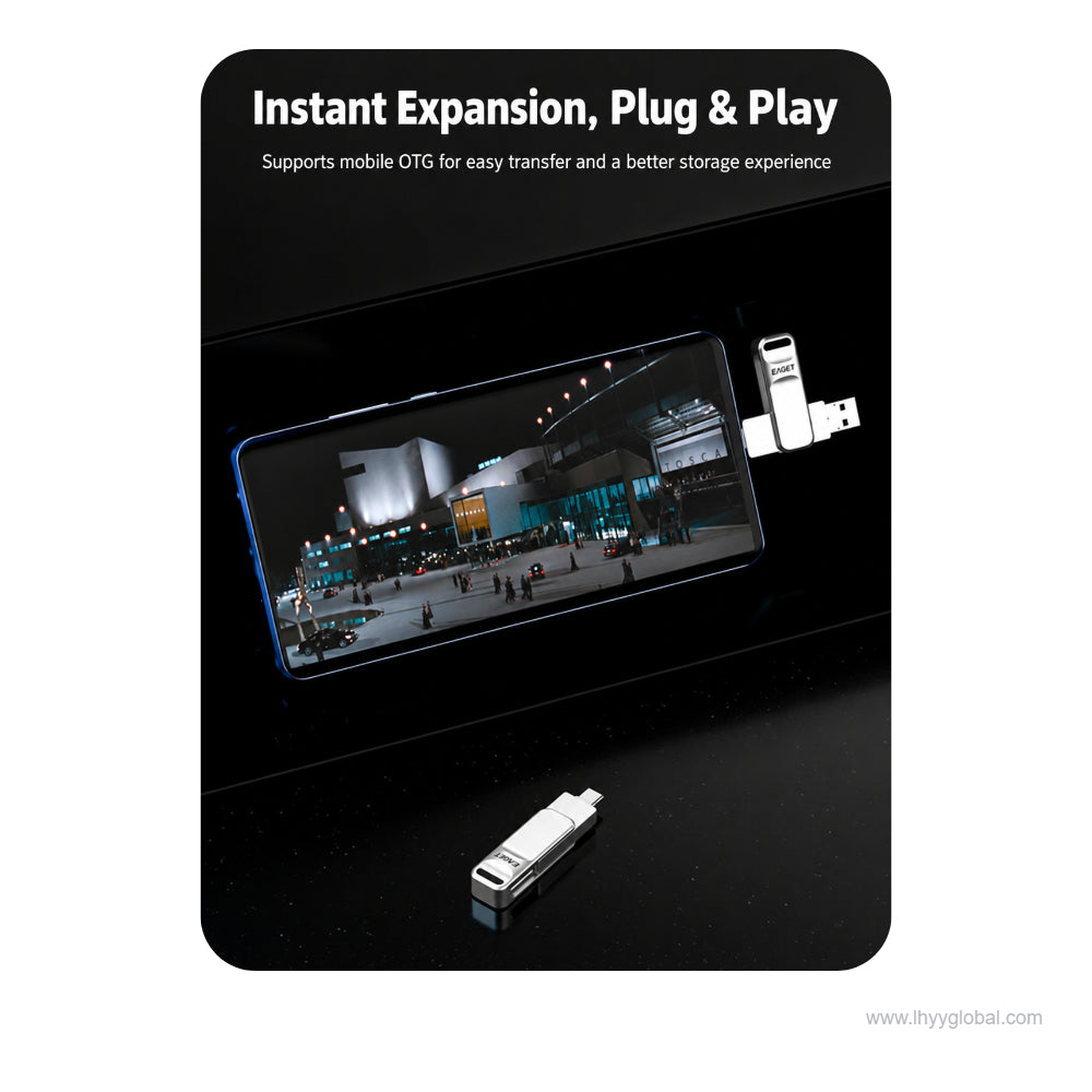 USB-C flash drive connected to a laptop for office file transfer and portable storage