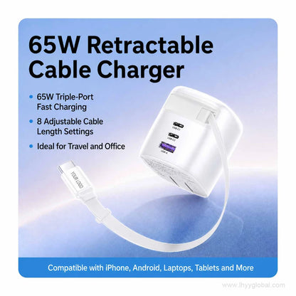 White 65W retractable USB-C GaN charger with foldable plug
