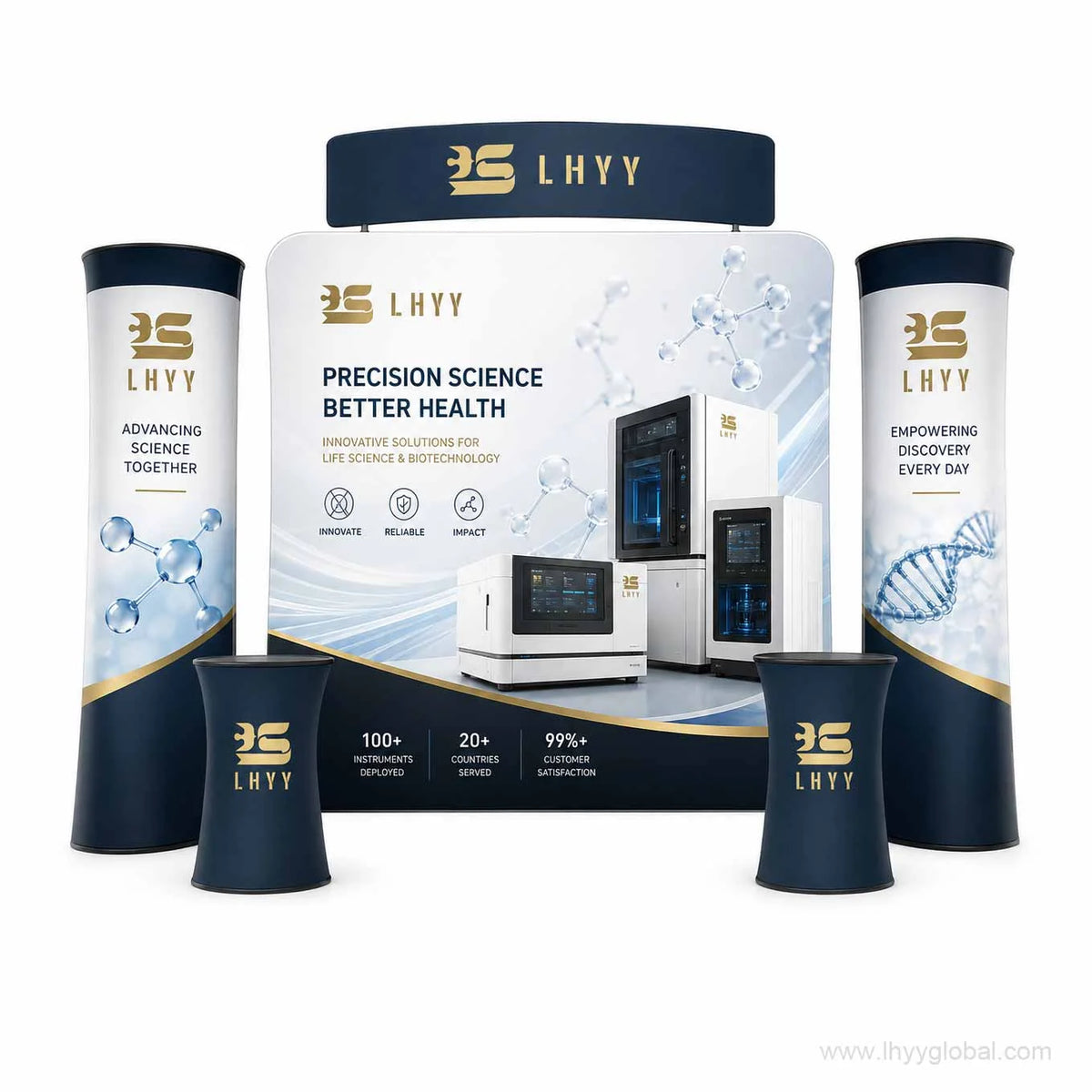 Rendered branded trade show booth display with central instrument graphic, side towers and two counters
