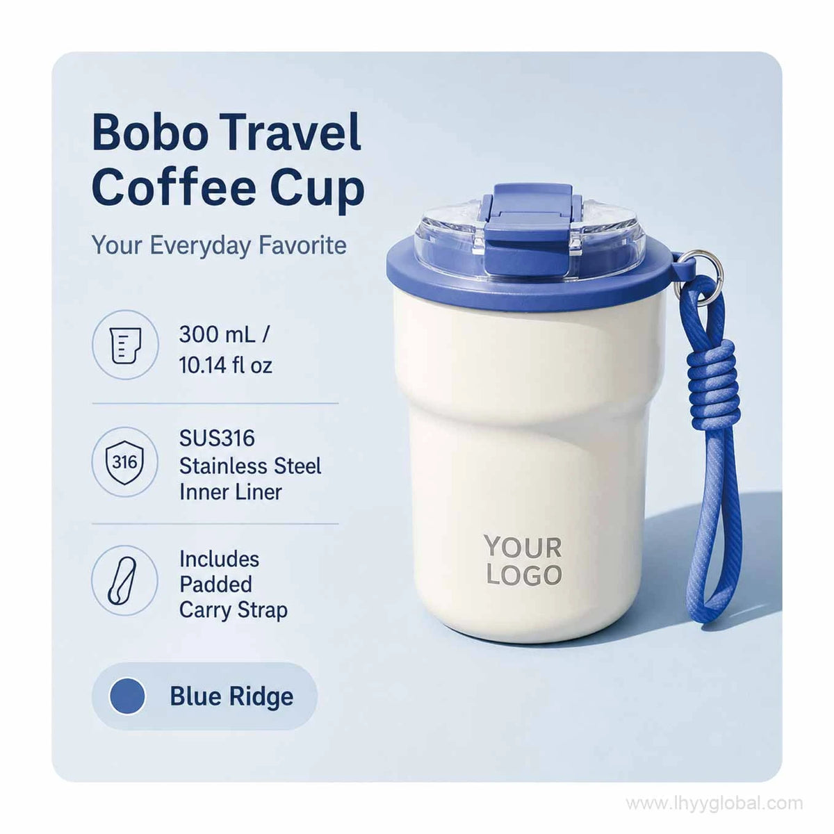 Custom logo 300 mL insulated coffee cup in Blue Ridge with 316 stainless steel liner and carry strap.