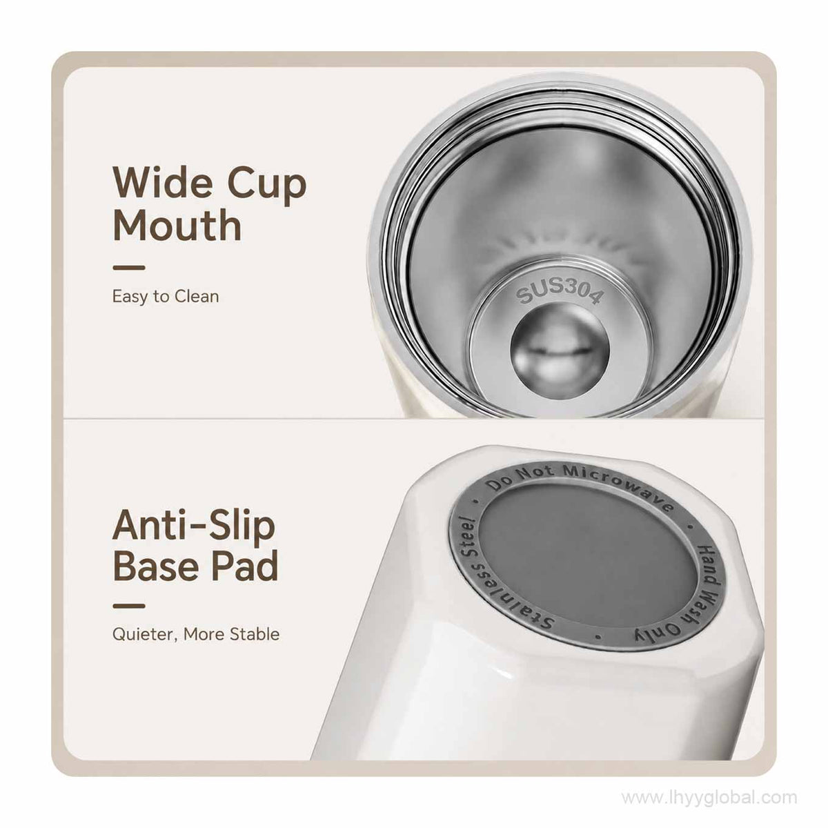 Wide-mouth coffee tumbler interior and anti-slip base pad detail.