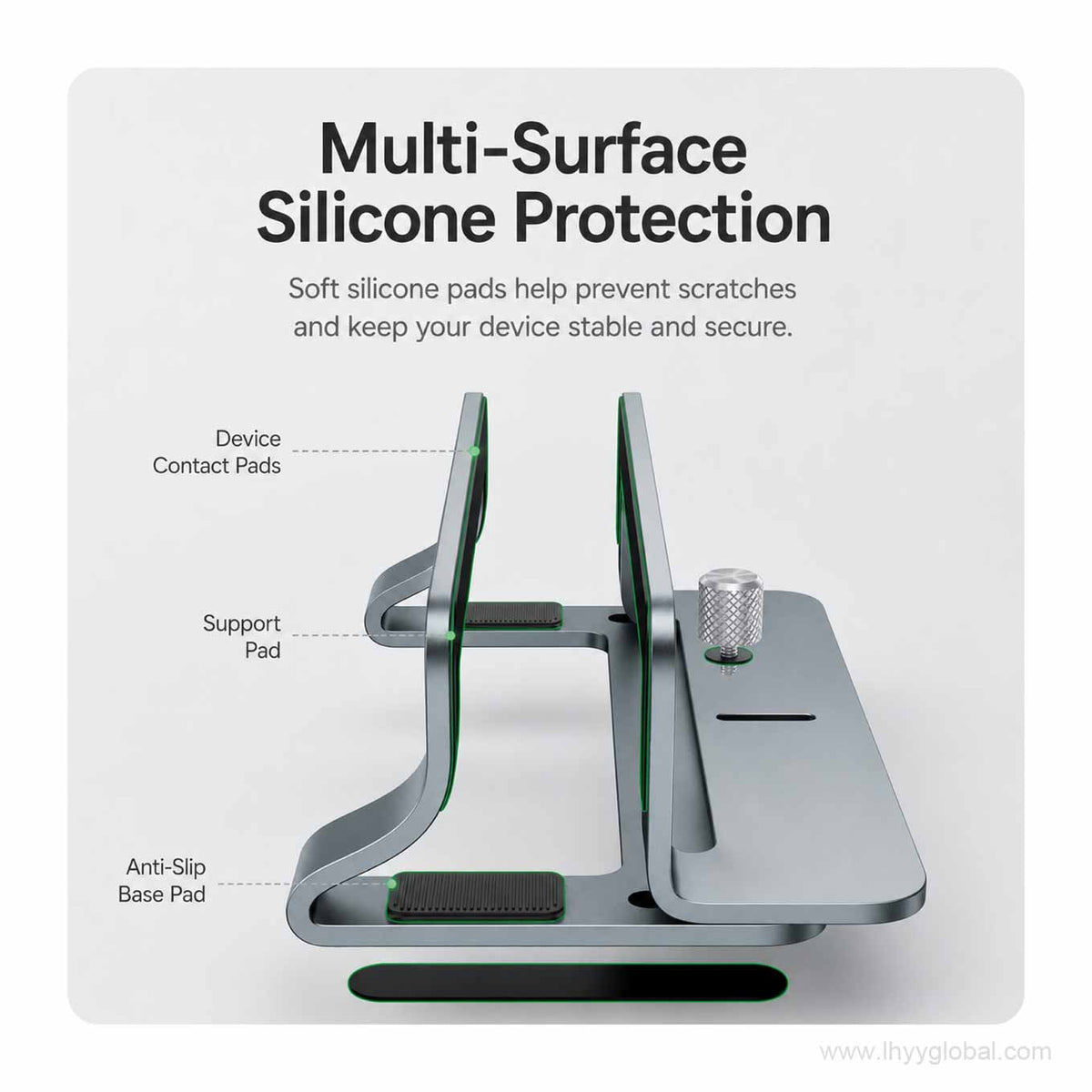 Adjustable vertical laptop stand showing silicone contact pads, support pads and anti-slip base protection