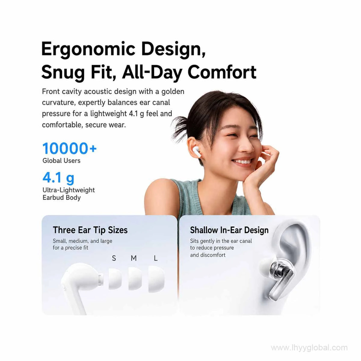 Ergonomic lightweight Baseus wireless earbuds with three ear tip sizes for a secure fit
