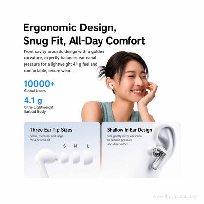 Ergonomic lightweight Baseus wireless earbuds with three ear tip sizes for a secure fit
