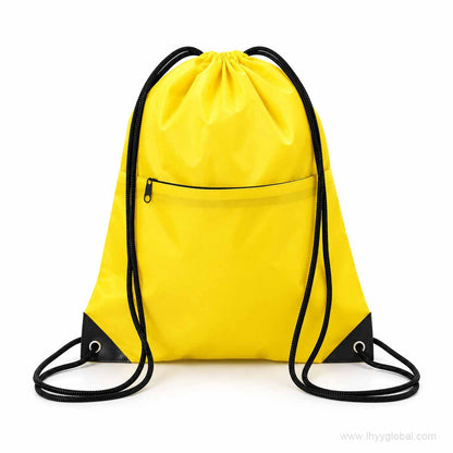 Custom yellow drawstring bag with front zipper pocket, black cords and reinforced corner eyelets