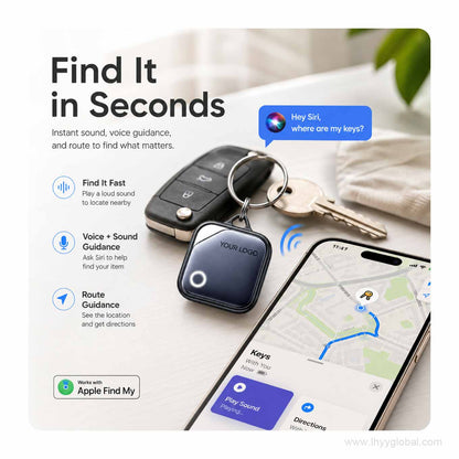 Black smart tracker beside keys and smartphone showing sound playback and location guidance
