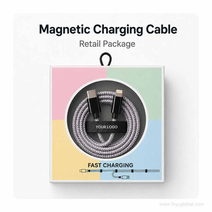 Magnetic self-coiling charging cable displayed in retail packaging with a customizable logo area.