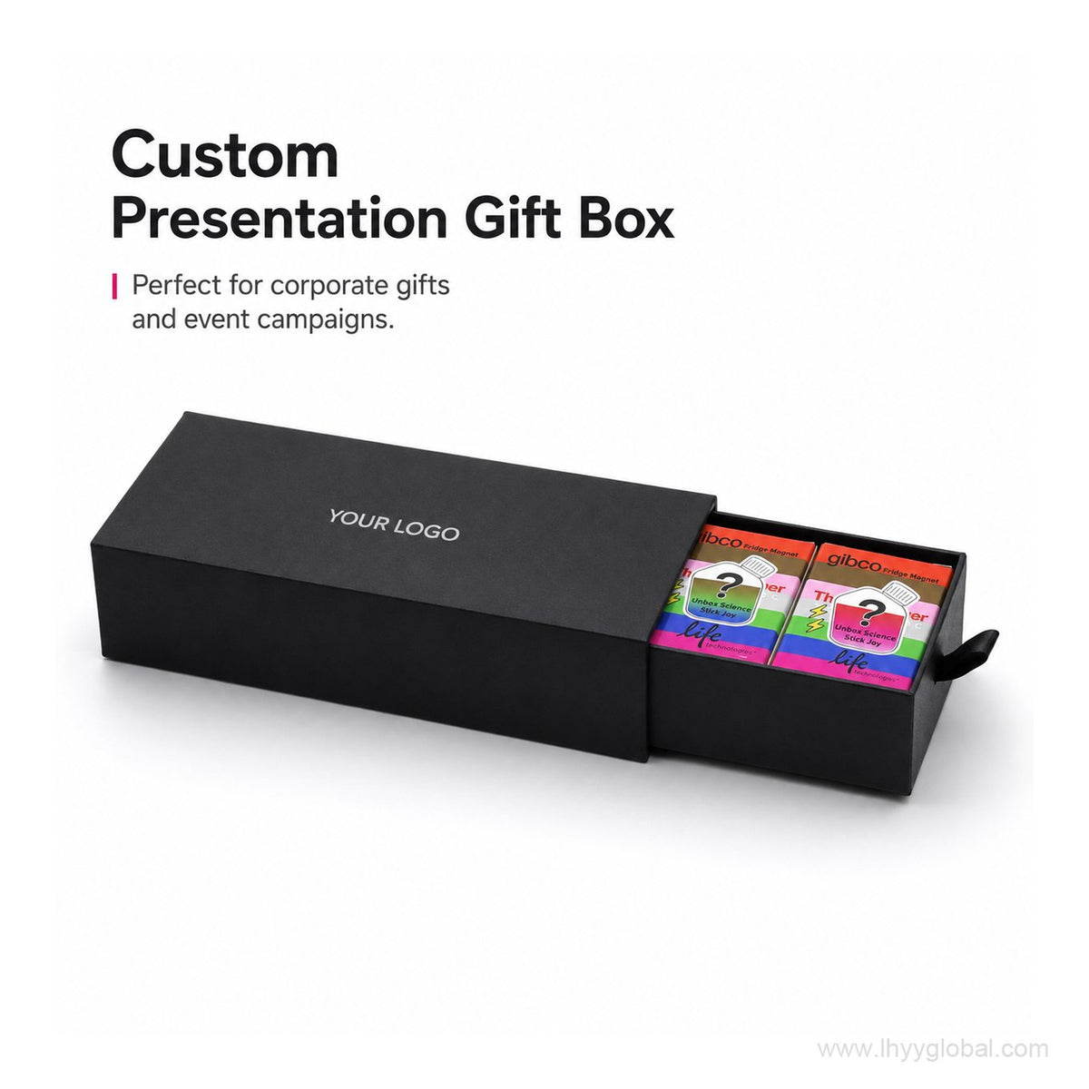 Custom presentation gift box for scientific blind box magnets with a black sliding box and space for your logo.