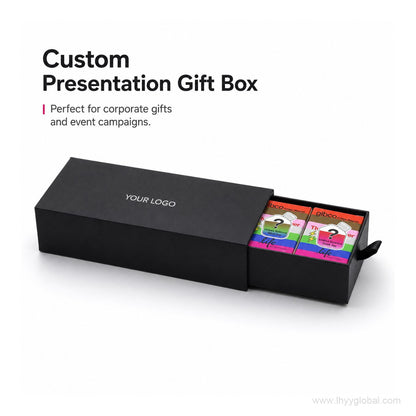 Custom presentation gift box for scientific blind box magnets with a black sliding box and space for your logo.