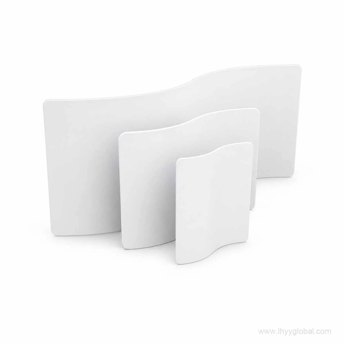 S-shaped tension fabric trade show display walls shown in multiple size examples for visual comparison