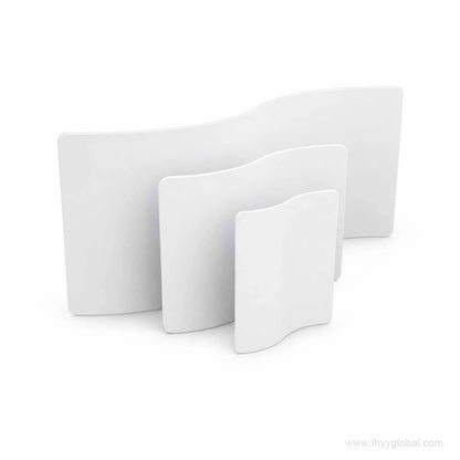 S-shaped tension fabric trade show display walls shown in multiple size examples for visual comparison