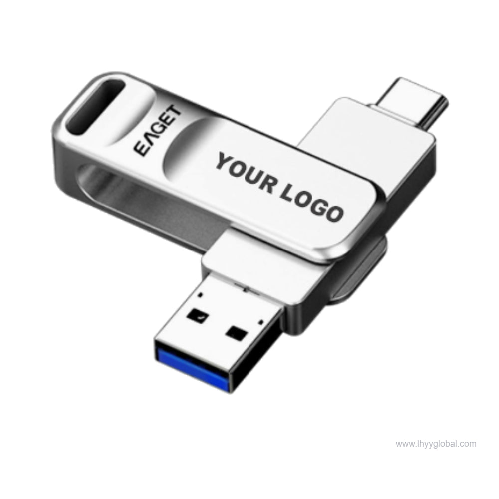 Silver dual USB-C and USB-A flash drive with compact swivel design for corporate promotional use