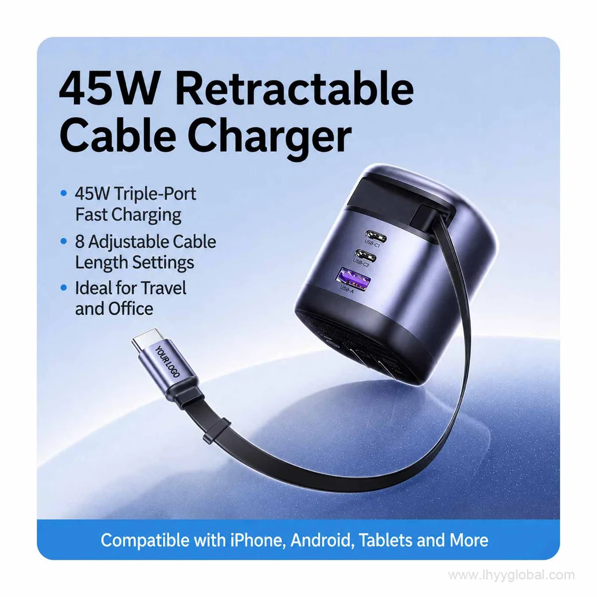 Gray 45W retractable cable GaN fast charger with multi-port charging