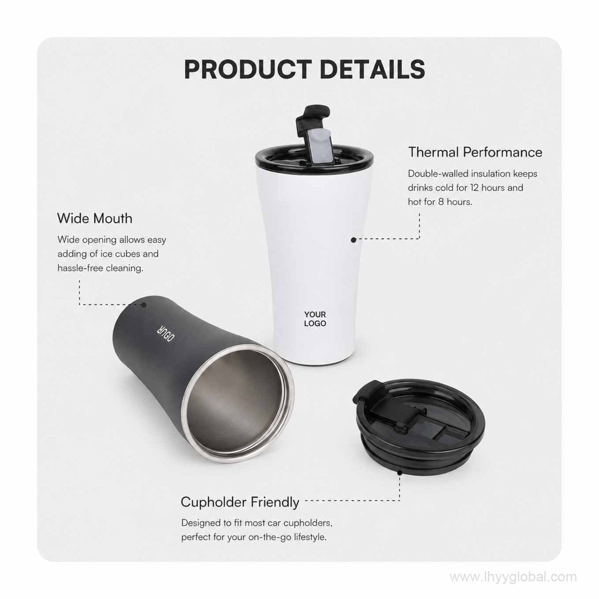 Insulated coffee tumbler details showing a wide mouth, double-wall thermal insulation, and cup-holder-friendly shape.