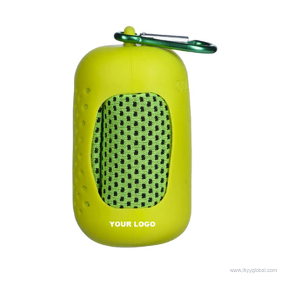 Lime green portable cooling towel storage case with carrying clip