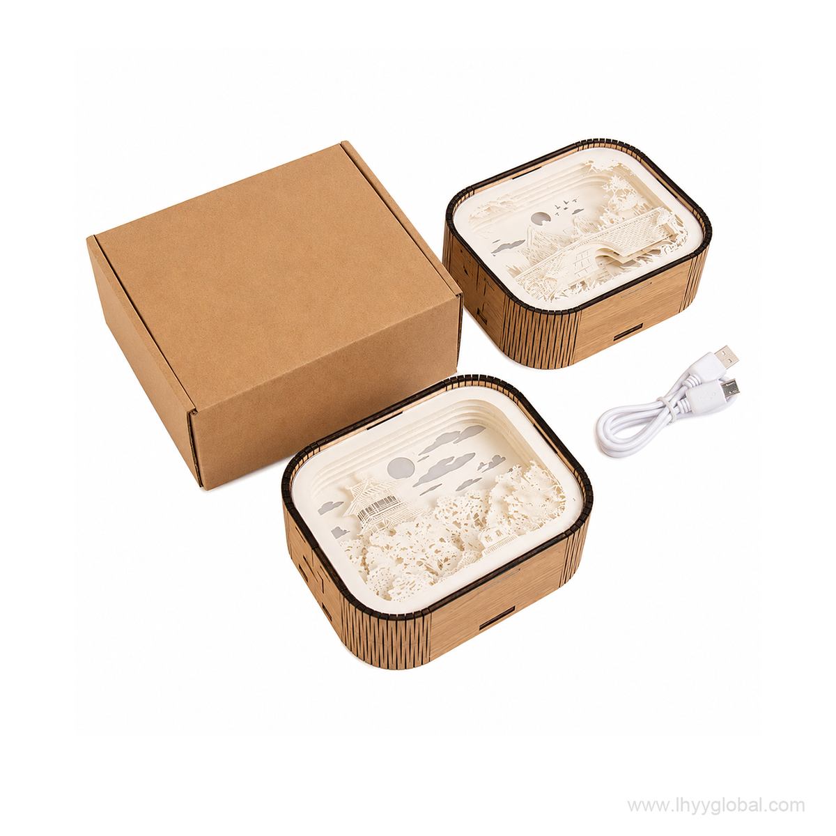 Custom paper carving lamp set with kraft gift box, two lamp designs and USB power cable