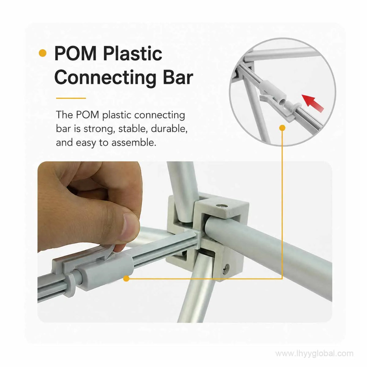 POM plastic connecting bar detail for stable tool-free pop-up display frame assembly