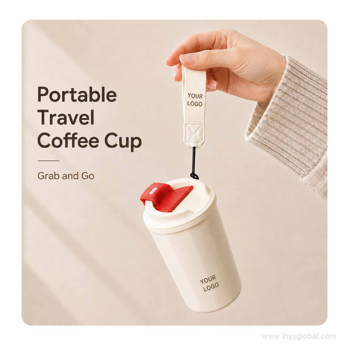 Portable 380 mL custom logo travel coffee cup with carry strap for commuting and events.