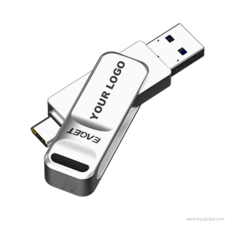 Dual USB-C and USB-A flash drive with 360-degree swivel design