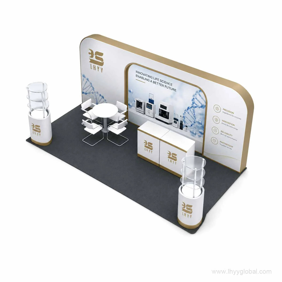 Rendered custom trade show booth concept with gold-trimmed branded backwall, meeting table, two counters and display towers