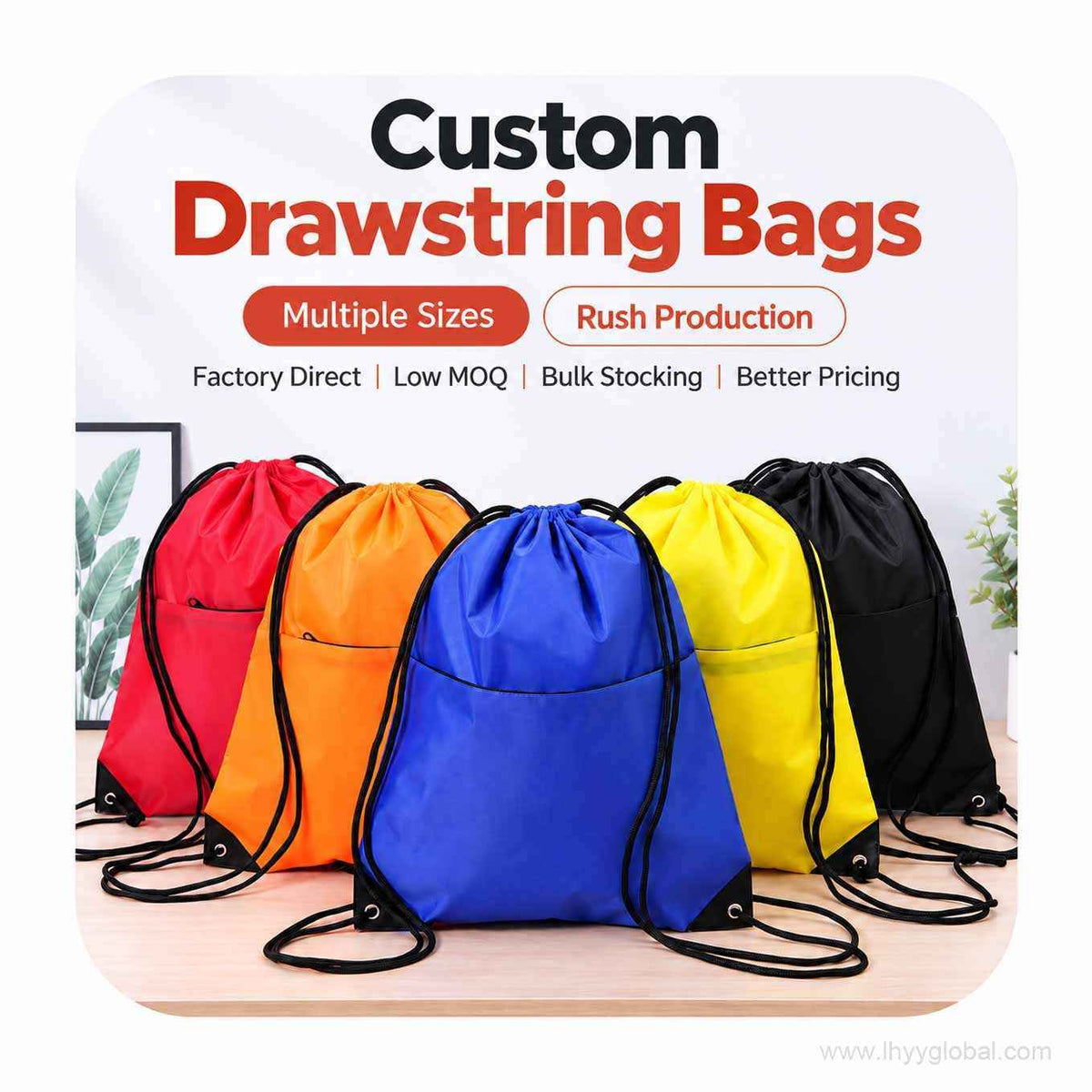 Five custom drawstring bags in red, orange, blue, yellow and black for logo printing and bulk orders