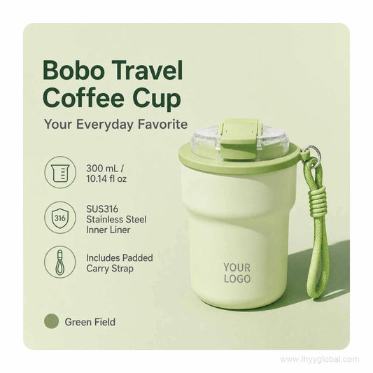 Custom logo 300 mL insulated coffee cup in Green Field with 316 stainless steel liner and carry strap.