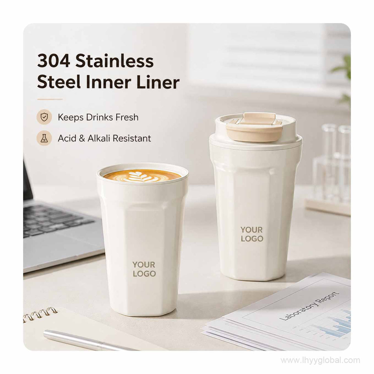 Custom logo stainless steel coffee tumbler on a laboratory office desk beside a laptop and laboratory report.