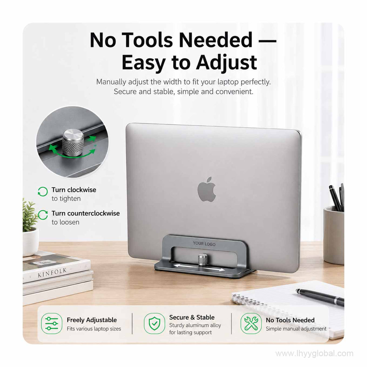 Silver gray vertical laptop stand with manual adjustment knob demonstrating tool-free width adjustment
