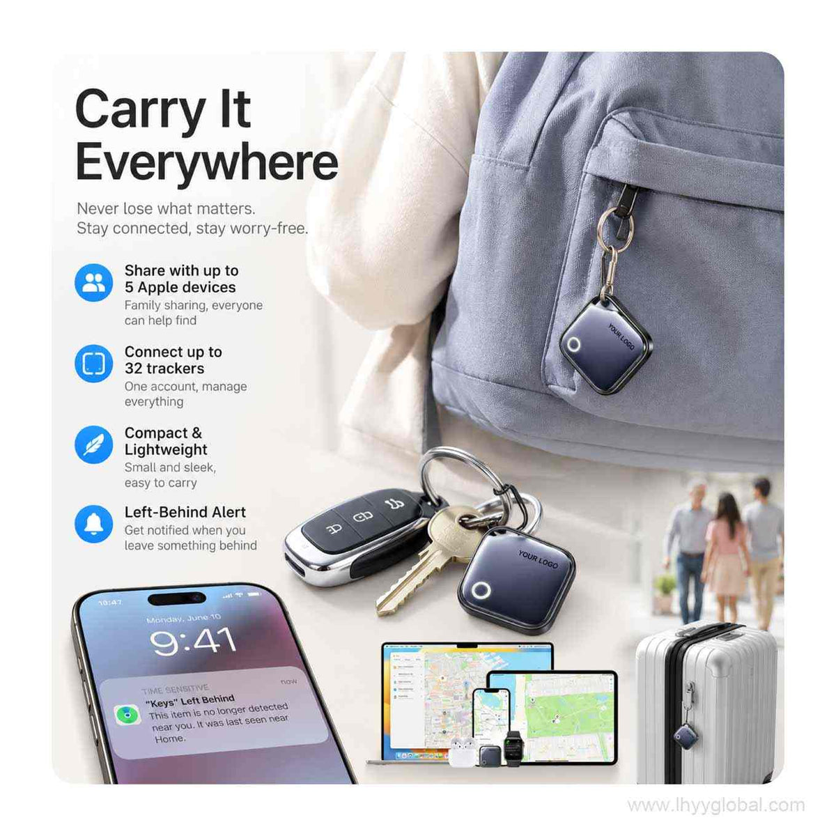 Custom logo smart tracker used with keys, backpack and luggage for travel item tracking