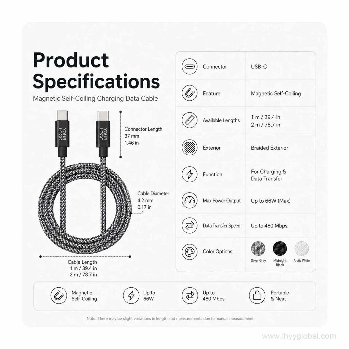 Magnetic self-coiling USB-C charging data cable specification graphic showing cable dimensions, lengths and color options.