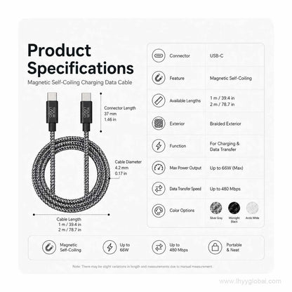 Magnetic self-coiling USB-C charging data cable specification graphic showing cable dimensions, lengths and color options.