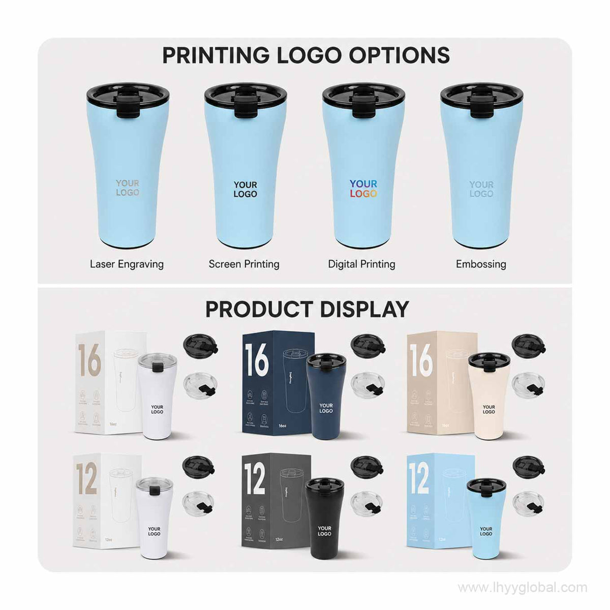 Custom logo options for insulated coffee tumblers including laser engraving, screen printing, digital printing, and embossing.