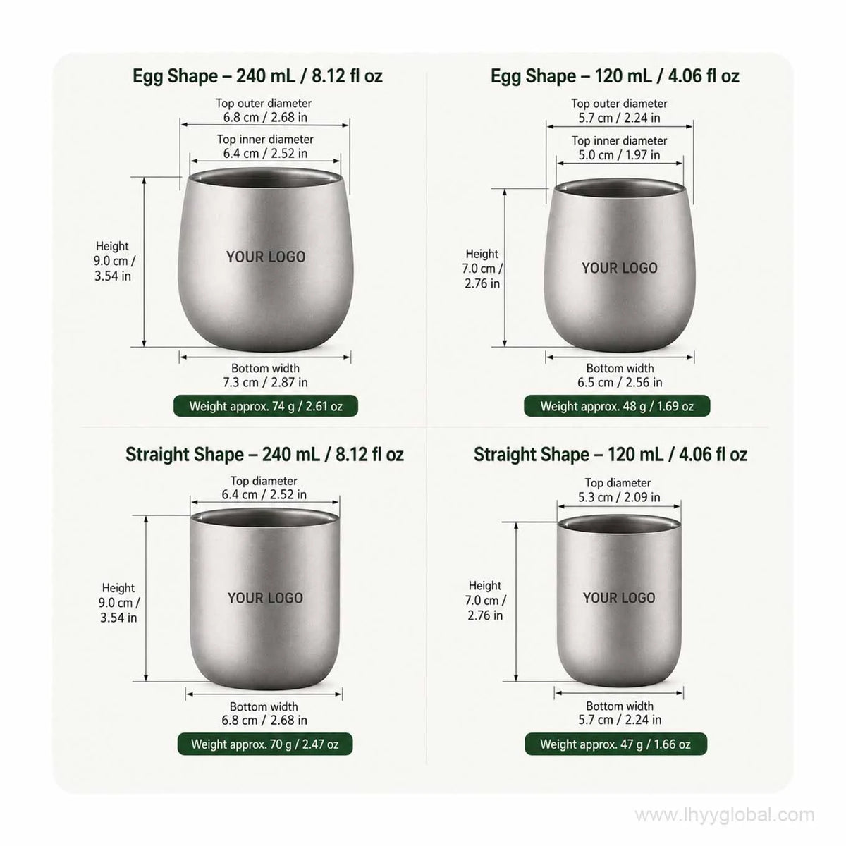 Pure titanium double-wall cup size guide for 120 mL and 240 mL egg and straight shapes