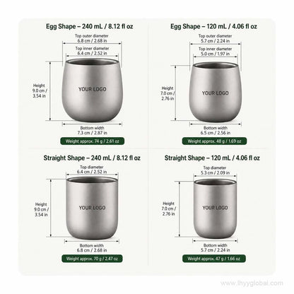Pure titanium double-wall cup size guide for 120 mL and 240 mL egg and straight shapes