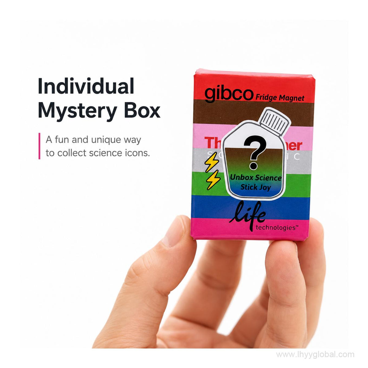 Individual mystery box packaging for a scientific fridge magnet blind box held by hand.