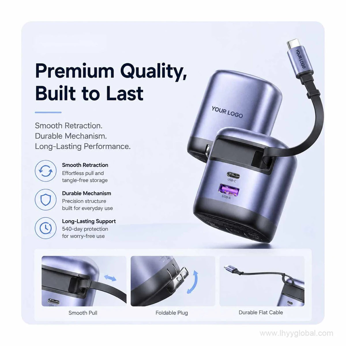 Retractable GaN charger durable cable mechanism and foldable plug details