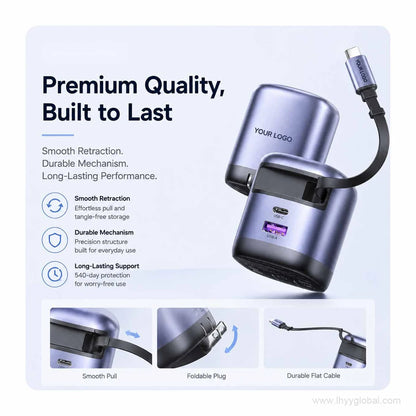 Retractable GaN charger durable cable mechanism and foldable plug details