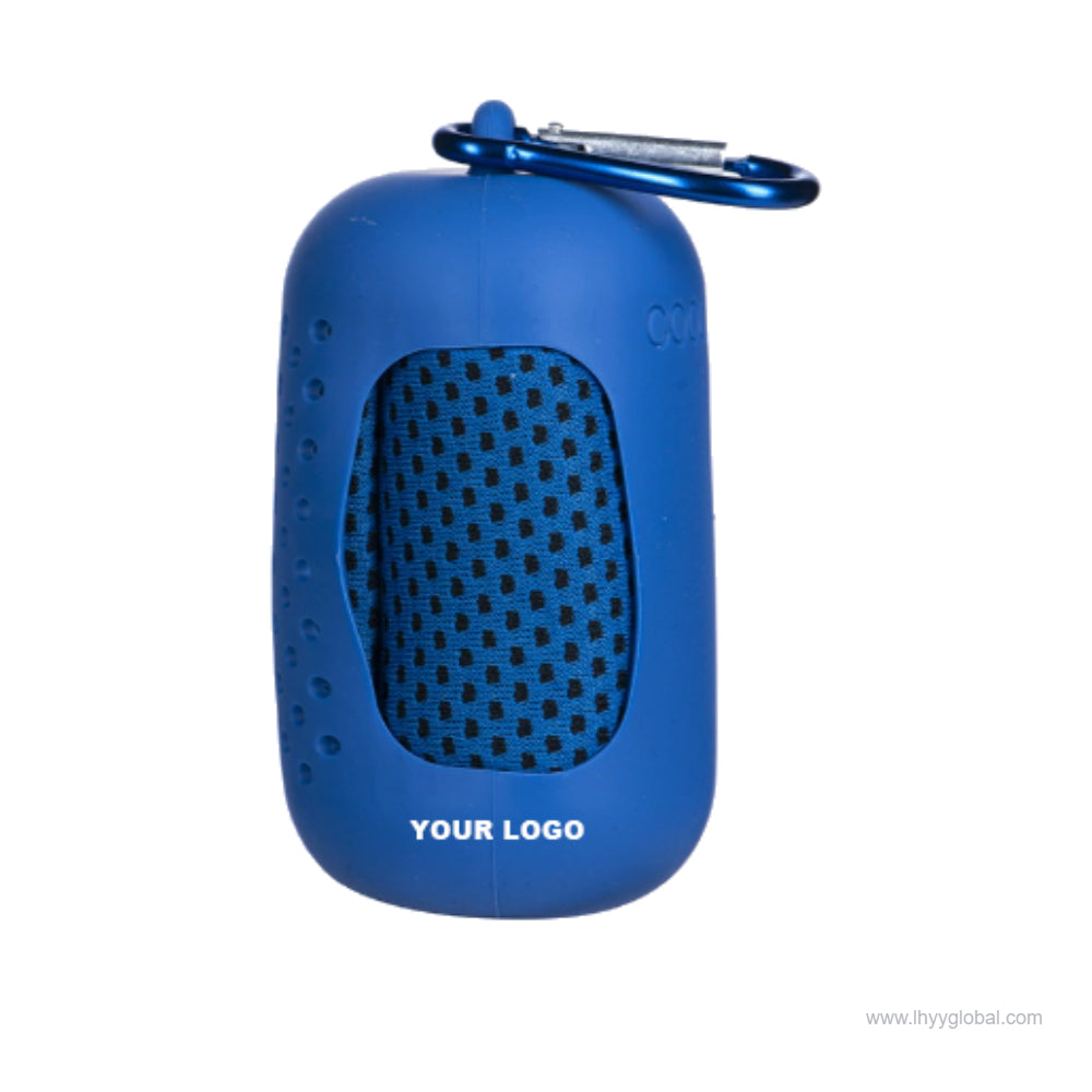 Royal blue portable cooling towel storage case with carrying clip