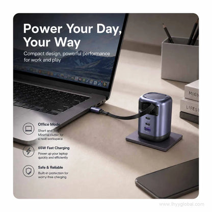 65W retractable GaN charger powering a laptop on an office desk