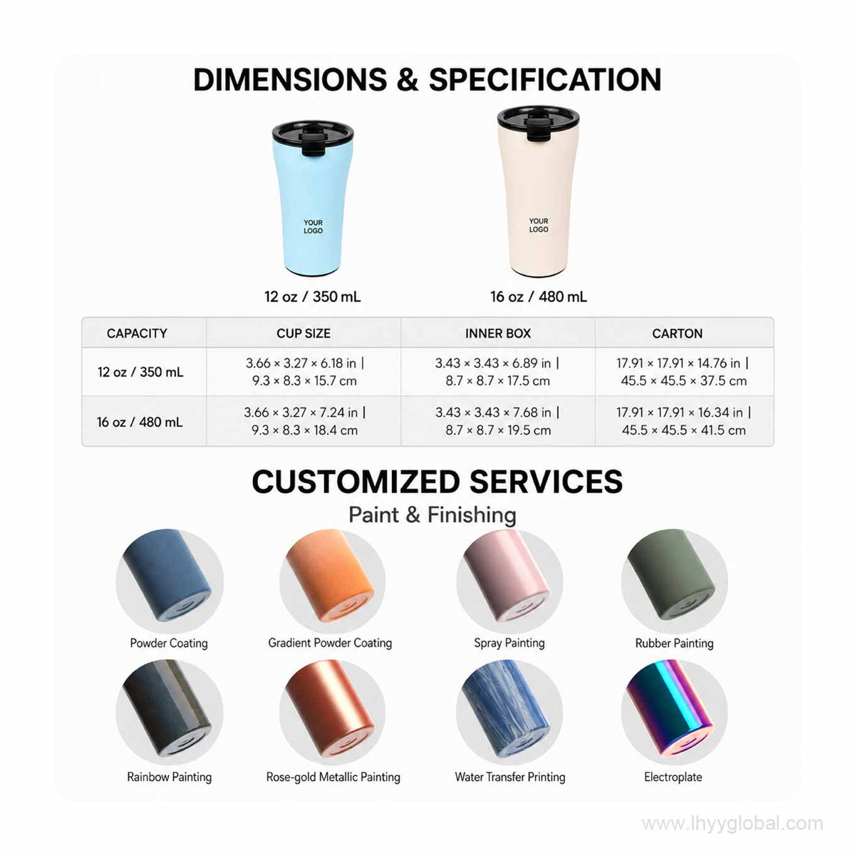 350 mL and 480 mL coffee tumbler dimensions, packaging sizes, and custom surface finish options.